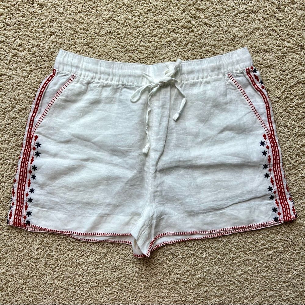 CYNTHIA ROWLEY 100% Linen Drawstring Pull On Shorts White Red Blue Stars Large